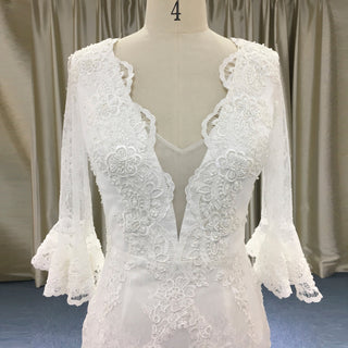 Fit and Flare Deep Vneck Lace Wedding Dress with Long Trumpet Sleeve - Rosymae