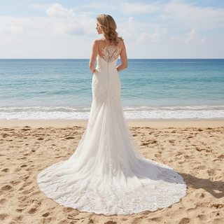 V-neck Fit and Flare Floral Lace Wedding Dress Sheer Back