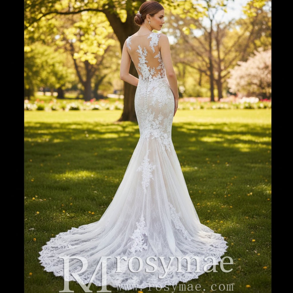 Fit and Flare Lace Overlay Wedding Dress with Vneck - Rosymae