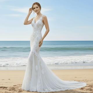 Fit and Flare Lace Overlay Wedding Dress with Vneck - Rosymae
