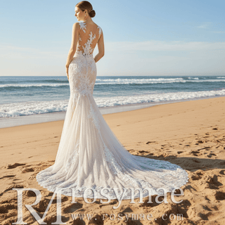 Fit and Flare Lace Overlay Wedding Dress with Vneck - Rosymae
