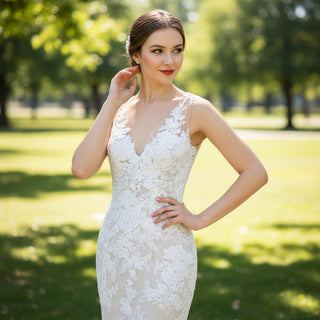 Fit and Flare Lace Overlay Wedding Dress with Vneck - Rosymae