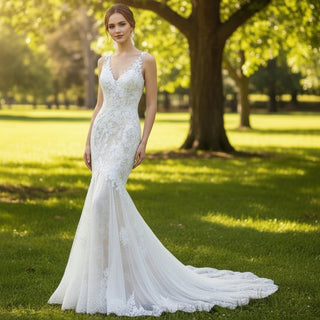 Fit and Flare Lace Overlay Wedding Dress with Vneck - Rosymae