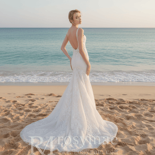 Fit and Flare Lace Wedding Dress with Double Spaghetti Straps - Rosymae