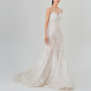 All-Over Lace Fit-and-Flare Wedding Dress with Sheer Neck and Back