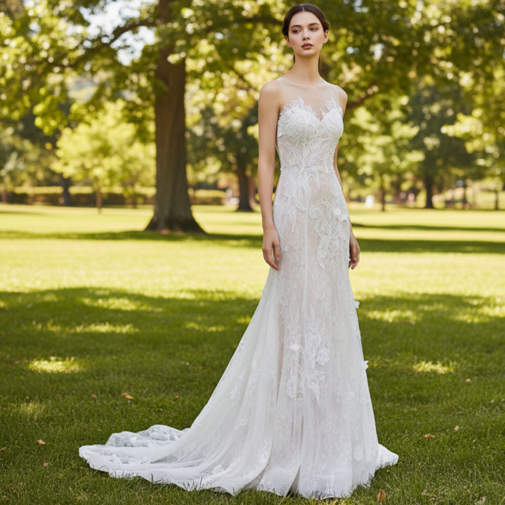 All-Over Lace Fit-and-Flare Wedding Dress with Sheer Neck and Back Ivory / 10 All-Over Lace Fit-and-Flare Wedding Dress with Sheer Neck and Back Ivory / 10