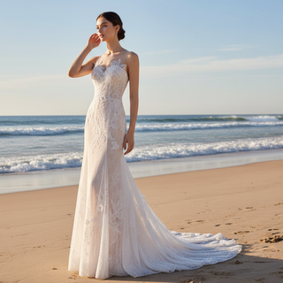 All-Over Lace Fit-and-Flare Wedding Dress with Sheer Neck and Back
