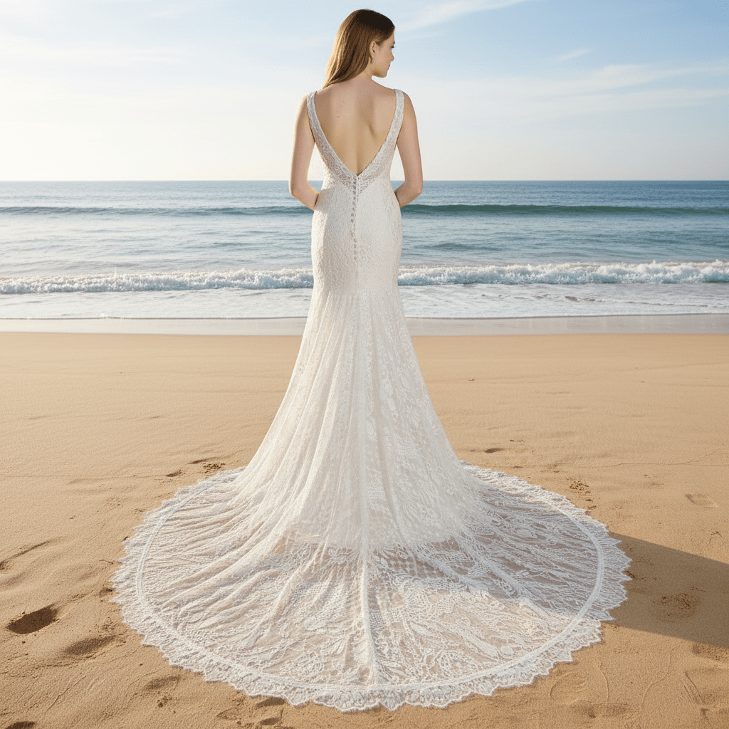 Fit and Flare Lace Wedding Dresses Mermaid Bridal Gowns with Train - Rosymae