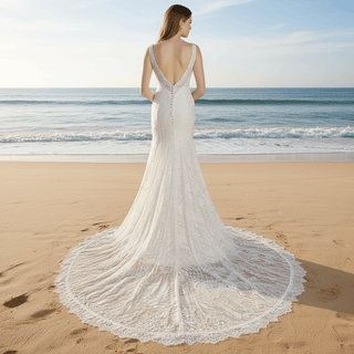 Fit and Flare Lace Wedding Dresses Mermaid Bridal Gowns with Train - Rosymae