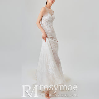 All-Over Lace Fit-and-Flare Wedding Dress with Sheer Neck and Back