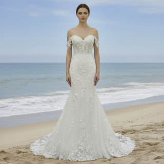 Off the Shoulder Lace Trumpet Wedding Dresses with Sweetheart Neck