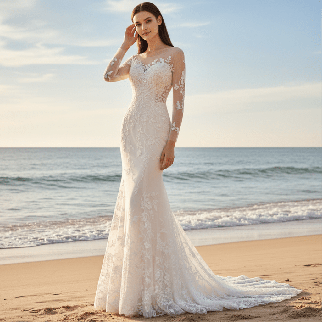 Fit and Flare Tulle Lace Wedding Dress with Long Sleeve - Rosymae
