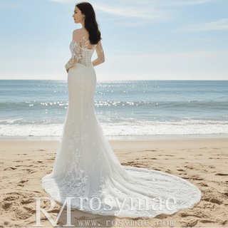 Fit and Flare Tulle Lace Wedding Dress with Long Sleeve - Rosymae
