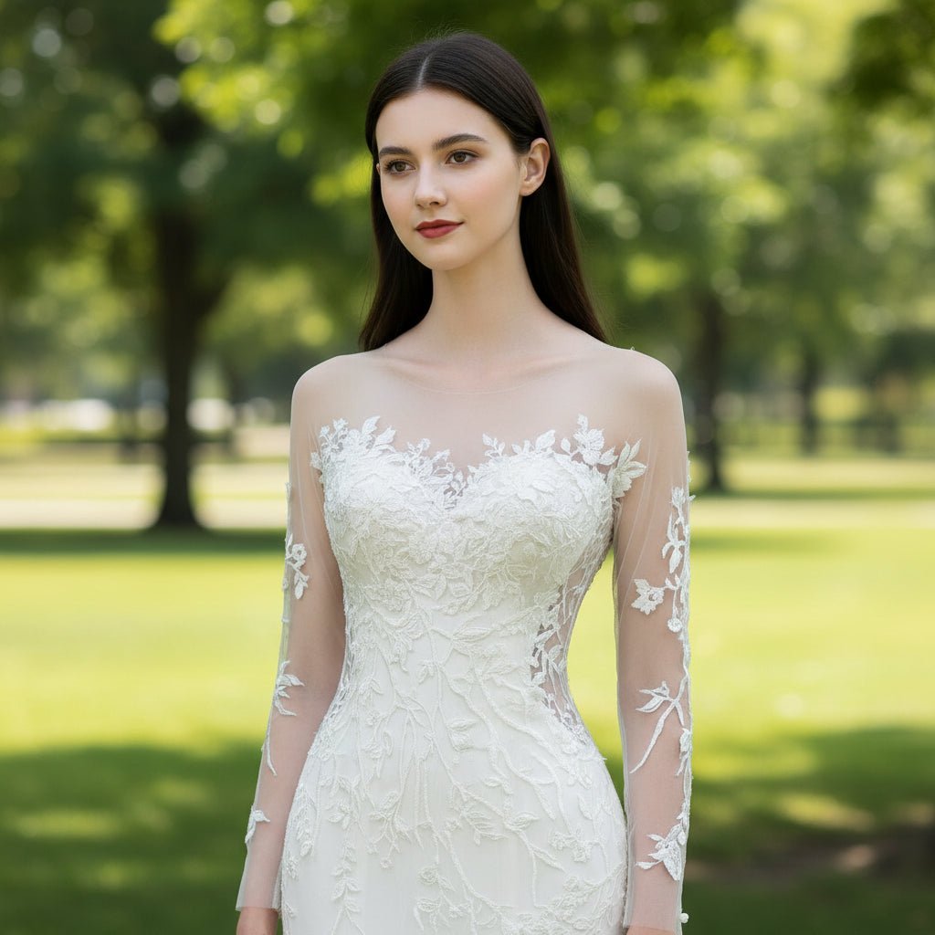 Fit and Flare Tulle Lace Wedding Dress with Long Sleeve - Rosymae