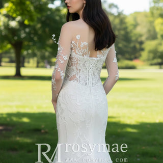 Fit and Flare Tulle Lace Wedding Dress with Long Sleeve - Rosymae