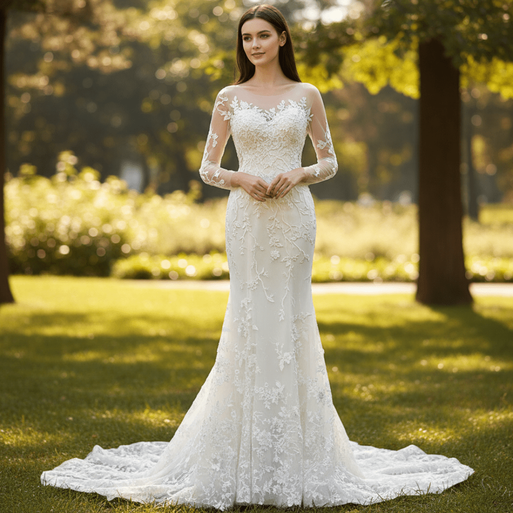 Fit and Flare Tulle Lace Wedding Dress with Long Sleeve - Rosymae
