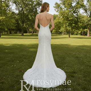 Fit Flare Beaded Lace Wedding Dress with Symmetrical Floral Pattern and Flared Skirt - Rosymae