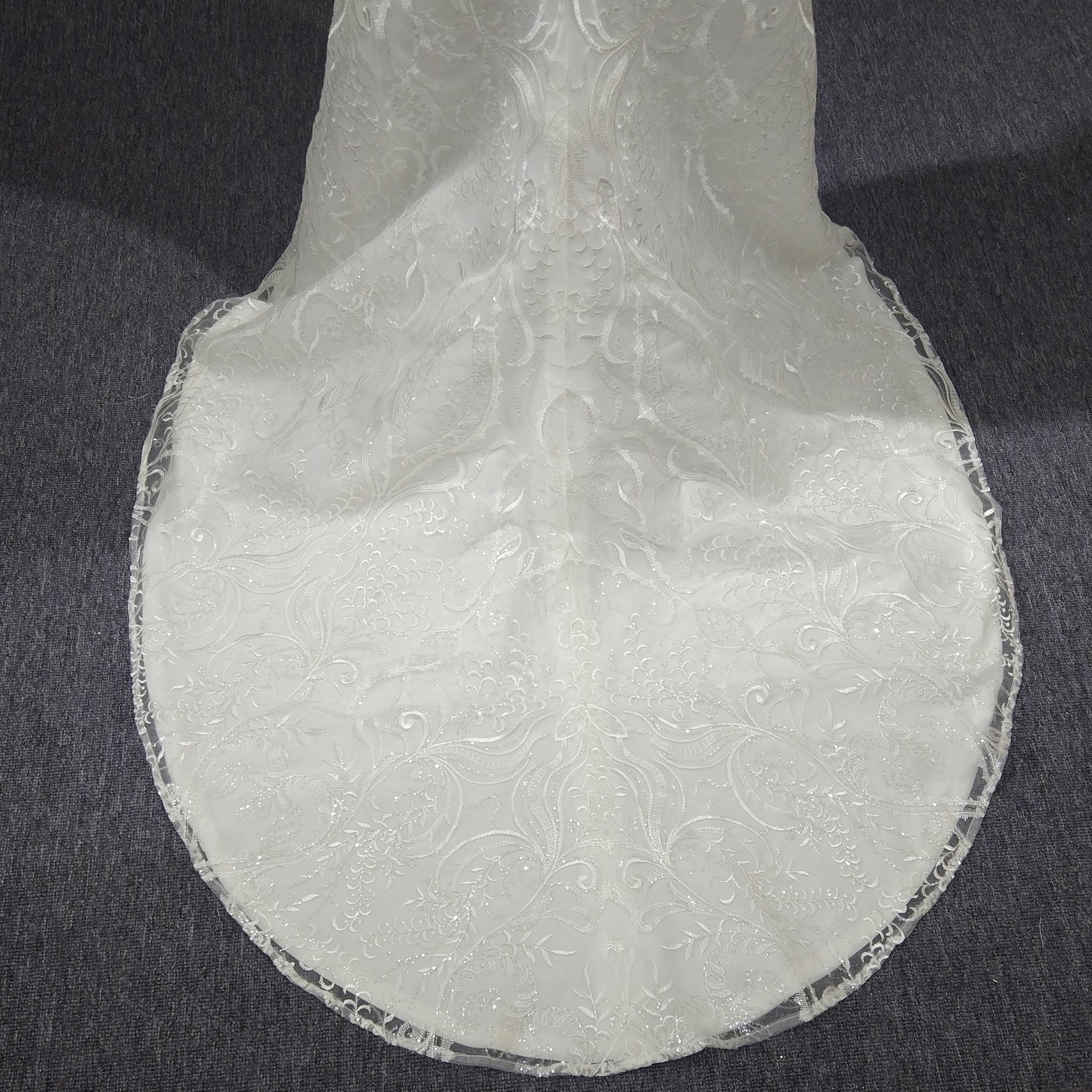 Fit Flare Beaded Lace Wedding Dress with Symmetrical Floral Pattern and Flared Skirt - Rosymae