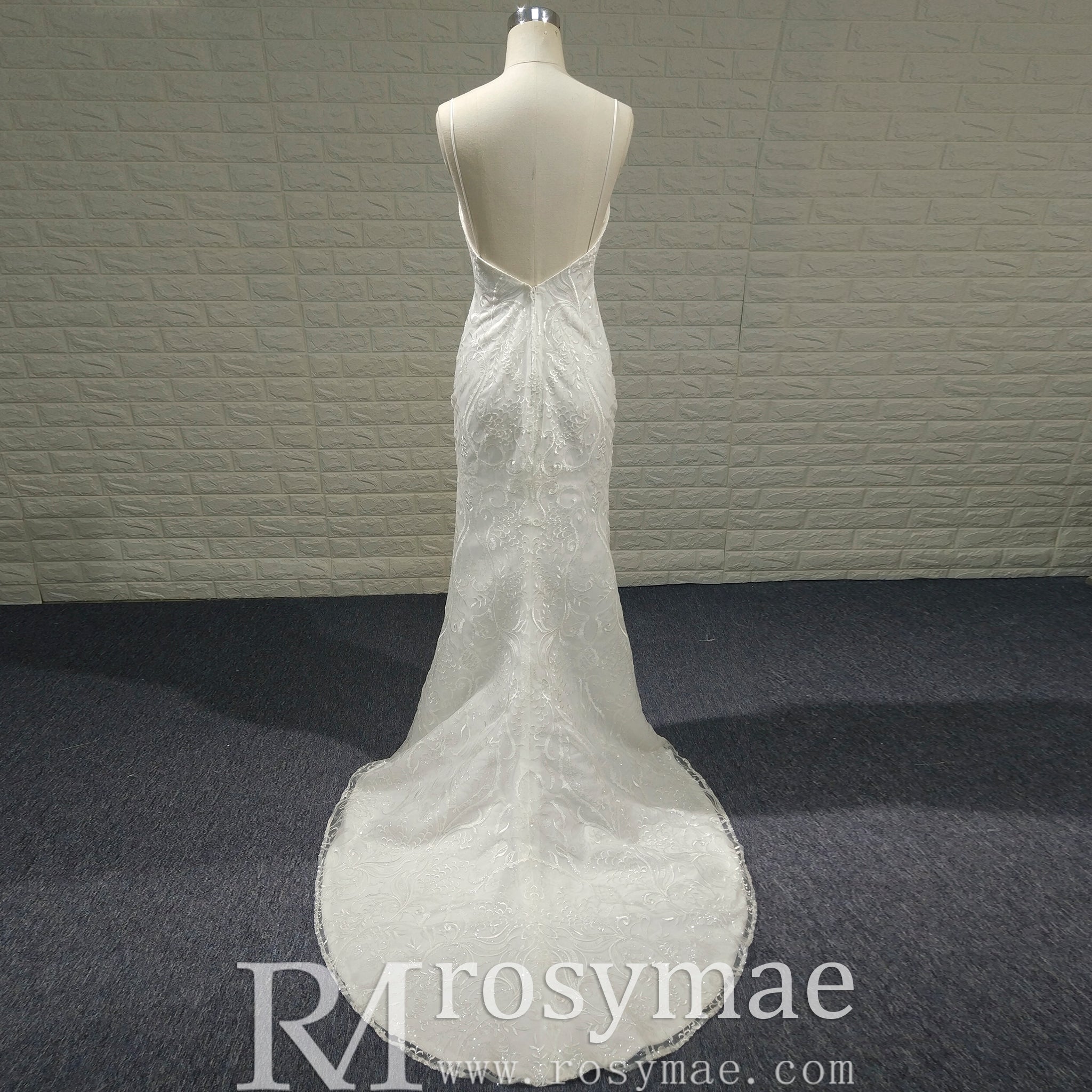 Fit Flare Beaded Lace Wedding Dress with Symmetrical Floral Pattern and Flared Skirt - Rosymae