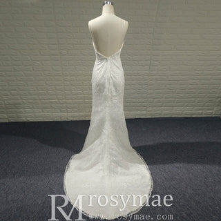 Fit Flare Beaded Lace Wedding Dress with Symmetrical Floral Pattern and Flared Skirt - Rosymae