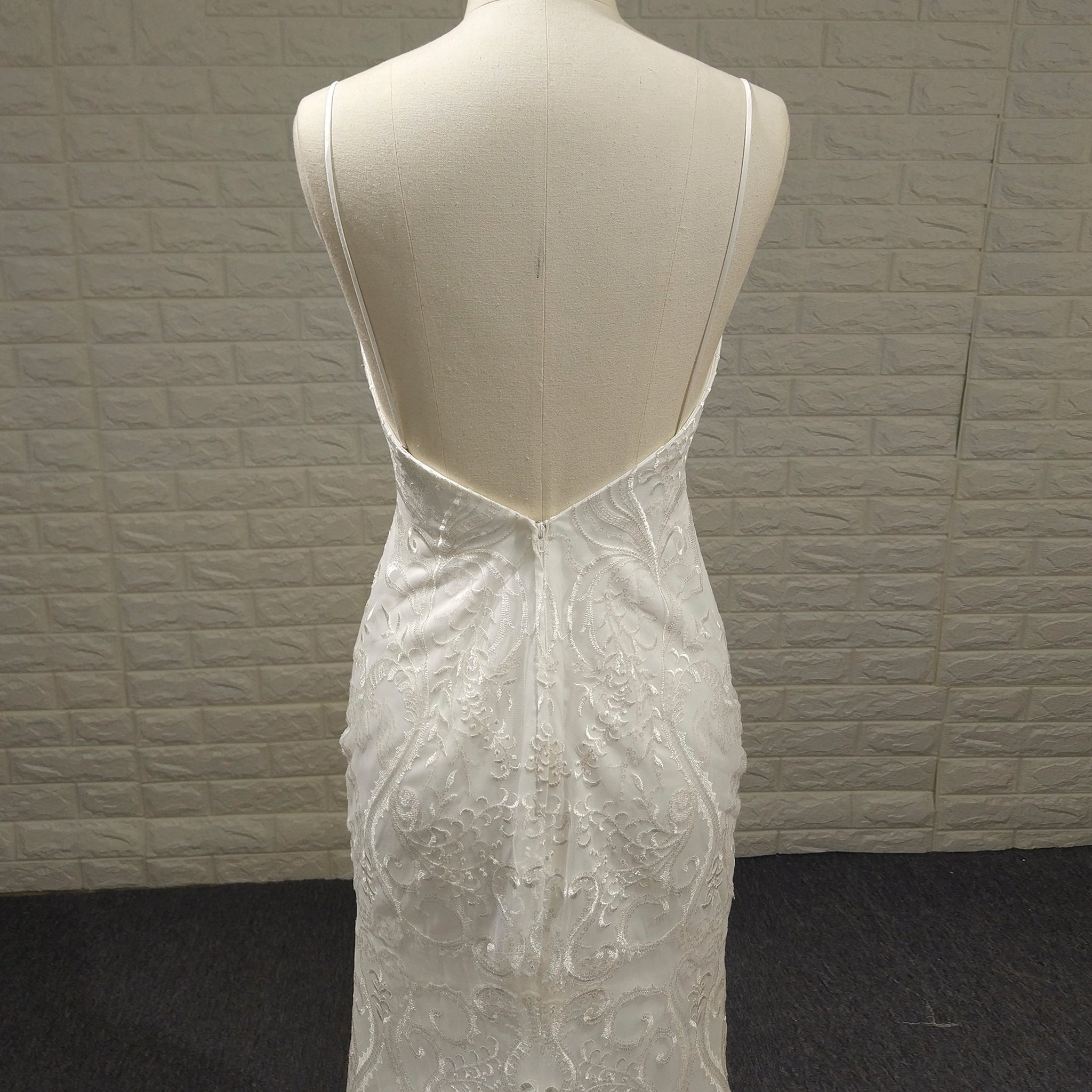 Fit Flare Beaded Lace Wedding Dress with Symmetrical Floral Pattern and Flared Skirt - Rosymae