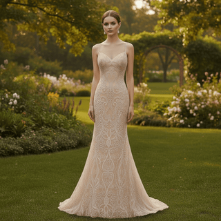 Fit Flare Beaded Lace Wedding Dress with Symmetrical Floral Pattern and Flared Skirt - Rosymae