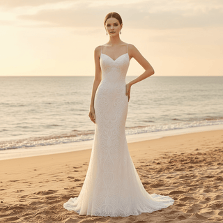 Fit Flare Beaded Lace Wedding Dress with Symmetrical Floral Pattern and Flared Skirt - Rosymae