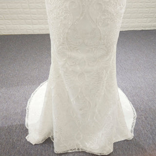 Fit Flare Beaded Lace Wedding Dress with Symmetrical Floral Pattern and Flared Skirt - Rosymae