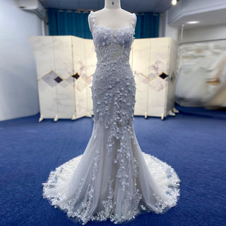 Fit Flare Princess Lace Flowers Wedding Dress with Spaghetti Strap - Rosymae