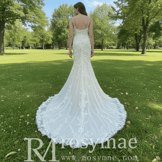 Fit Flare Princess Lace Flowers Wedding Dress with Spaghetti Strap - Rosymae