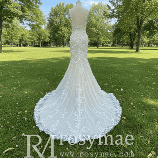 Fit Flare Princess Lace Flowers Wedding Dress with Spaghetti Strap - Rosymae