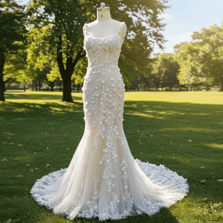 Fit Flare Princess Lace Flowers Wedding Dress with Spaghetti Strap - Rosymae