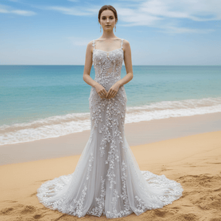 Fit Flare Princess Lace Flowers Wedding Dress with Spaghetti Strap - Rosymae