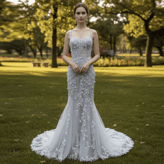 Fit Flare Princess Lace Flowers Wedding Dress with Spaghetti Strap - Rosymae