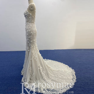 Fit Flare Princess Lace Flowers Wedding Dress with Spaghetti Strap - Rosymae