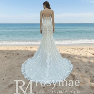 Fit Flare Princess Lace Flowers Wedding Dress with Spaghetti Strap - Rosymae