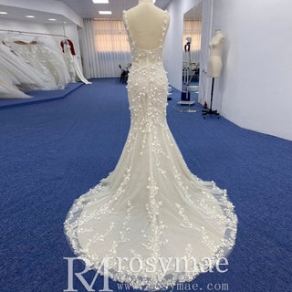 Fit Flare Princess Lace Flowers Wedding Dress with Spaghetti Strap - Rosymae