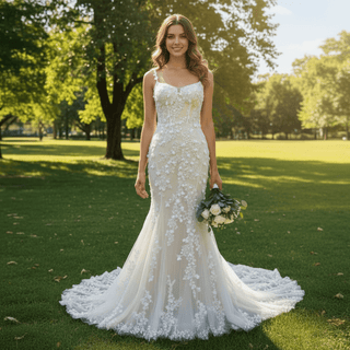 Fit Flare Princess Lace Flowers Wedding Dress with Spaghetti Strap - Rosymae