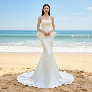 Classic Fit Flare Satin Bridal Gown Wedding Dress with Bowknot