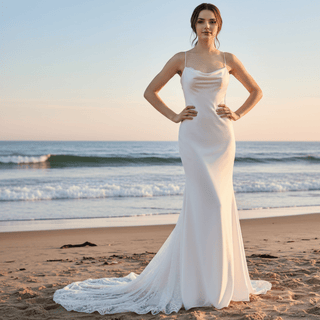 Fit Flare Satin Lace Spaghetti Strap Wedding Dress Bridal Gown - Rosymae