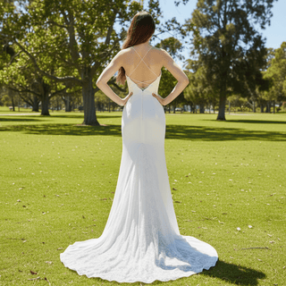 Fit Flare Satin Lace Spaghetti Strap Wedding Dress Bridal Gown - Rosymae