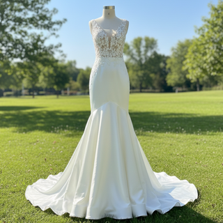 Robe de mariée élégante en satin, ajustée et évasée, avec col en V