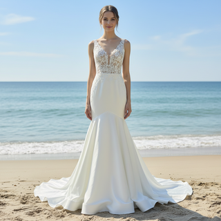 Elegant Satin Fit and Flare Wedding Dress with Vneck