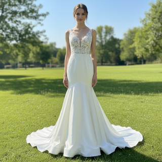 Elegant Satin Fit and Flare Wedding Dress with Vneck