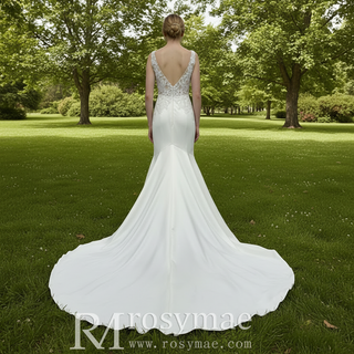 Elegant Satin Fit and Flare Wedding Dress with Vneck