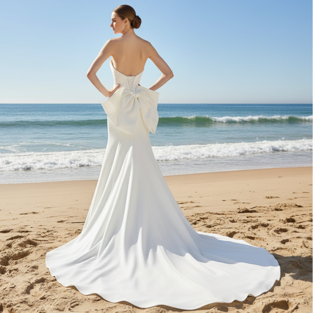 Classic Fit Flare Satin Bridal Gown Wedding Dress with Bowknot Rosymae Classic Fit Flare Satin Bridal Gown Wedding Dress with Bowknot Rosymae
