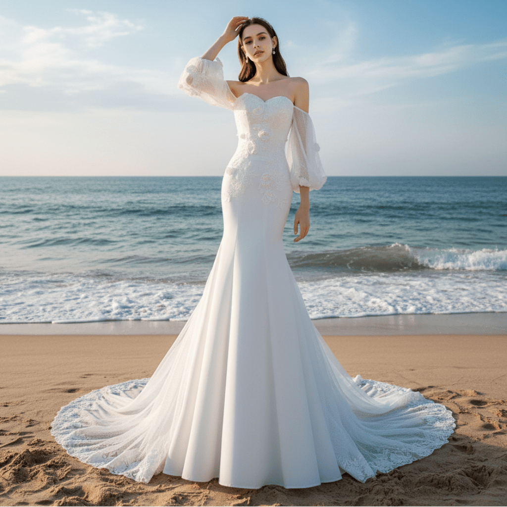 Fit Flare Sweetheart Princess Wedding Dress with Lantern Sleeve - Rosymae