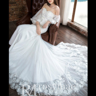 Fit Flare Sweetheart Princess Wedding Dress with Lantern Sleeve - Rosymae