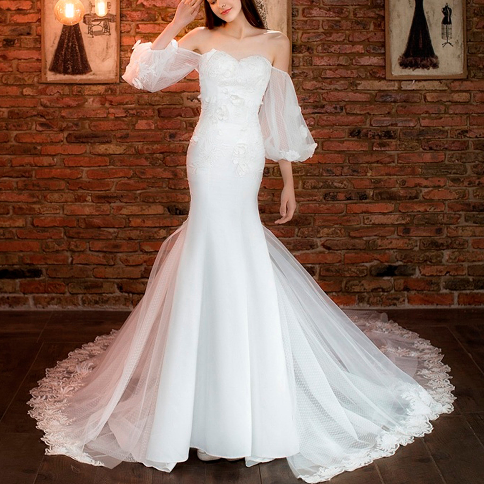 Fit Flare Sweetheart Princess Wedding Dress with Lantern Sleeve White / 10 Fit Flare Sweetheart Princess Wedding Dress with Lantern Sleeve White / 10