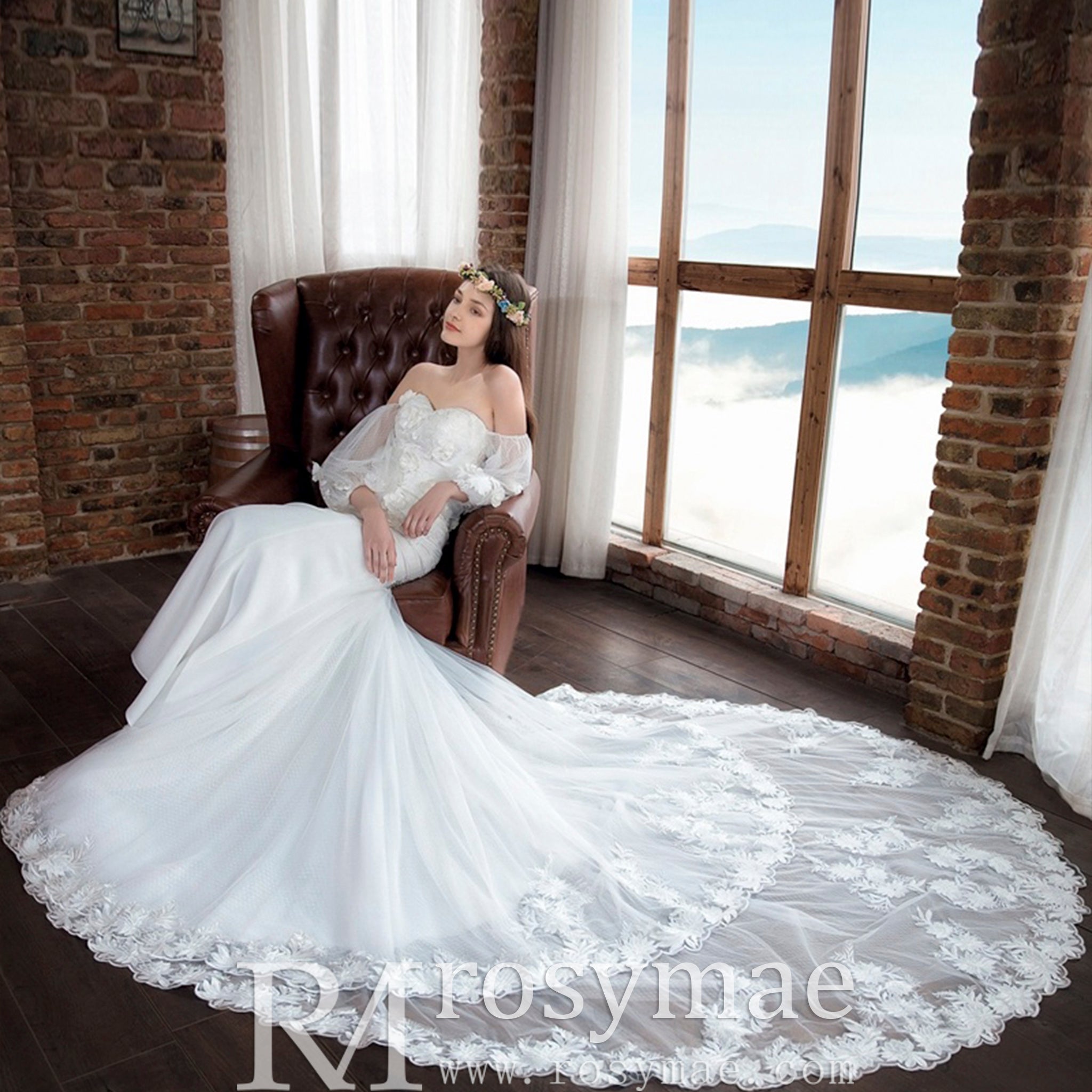 Fit Flare Sweetheart Princess Wedding Dress with Lantern Sleeve White / 10 Fit Flare Sweetheart Princess Wedding Dress with Lantern Sleeve White / 10